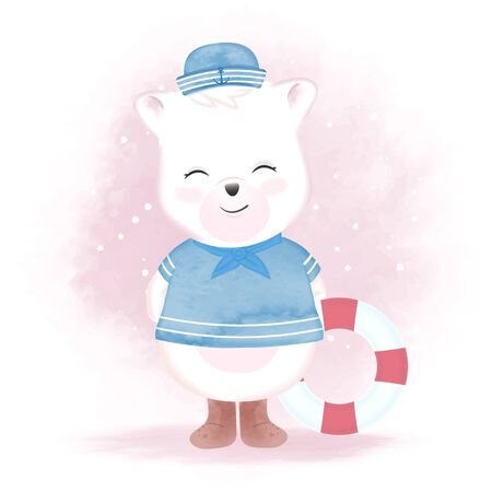 Cute bear sailor and swim ring hand drawn cartoon animal watercolor illustrationのイラスト素材
