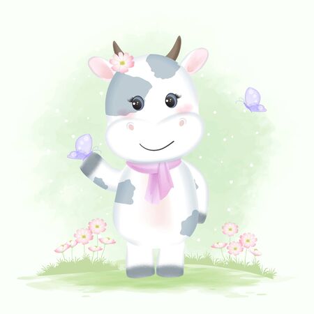 Cute baby cow with butterflies and cosmos flowers hand drawn cartoon animal watercolor illustrationのイラスト素材