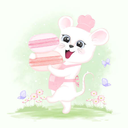 Baby Mouse with Macarons and cosmos flowers hand drawn cartoon animal watercolor illustrationのイラスト素材