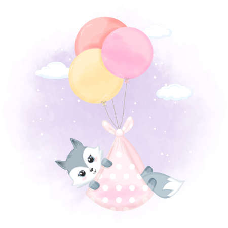 Cute Baby Fox on the moon hand drawn cartoon animal watercolor illustrationのイラスト素材