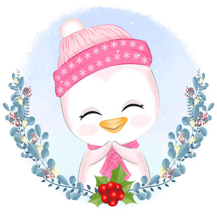 Cute Kitten with gift box in winter and Christmas illustration.のイラスト素材