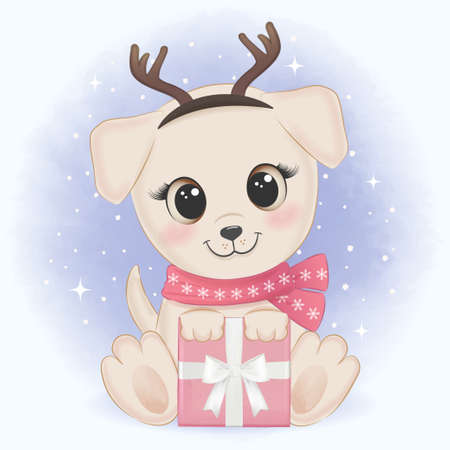 Cute Kitten with gift box in winter and Christmas illustration.のイラスト素材