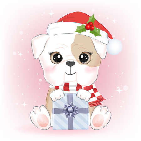 Cute Kitten with gift box in winter and Christmas illustration.のイラスト素材