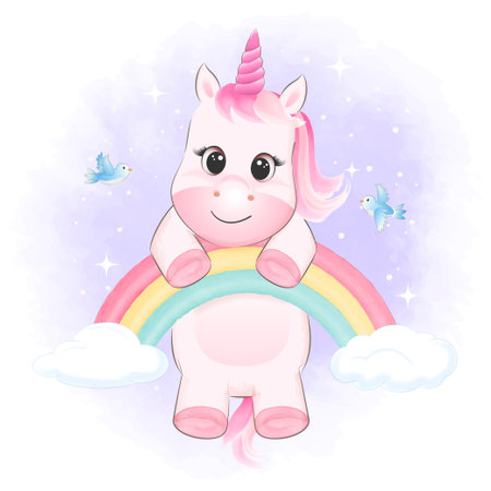 Cute Unicorn and wreath flower hand drawn cartoon animal watercolor illustrationのイラスト素材