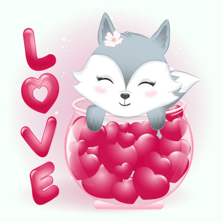 Cute Fox holding heart balloon valentine's day concept illustrationのイラスト素材