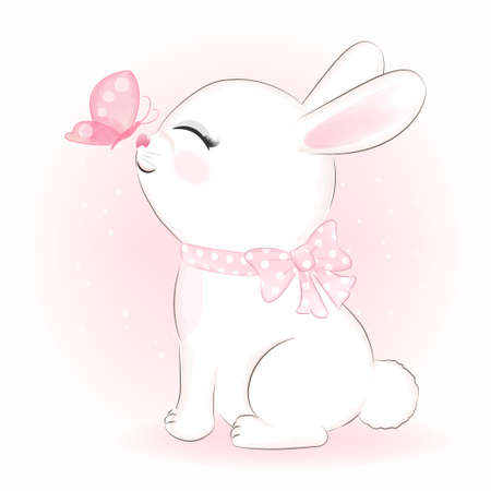 Cute Bunny holding and balloons on the cloud hand drawn cartoon animal watercolor illustrationのイラスト素材
