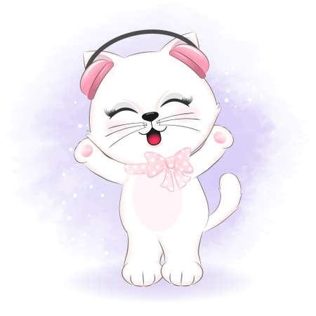 Cute Bunny holding and balloons on the cloud hand drawn cartoon animal watercolor illustrationのイラスト素材