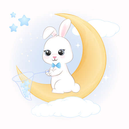 Cute Bunny holding and balloons on the cloud hand drawn cartoon animal watercolor illustrationのイラスト素材