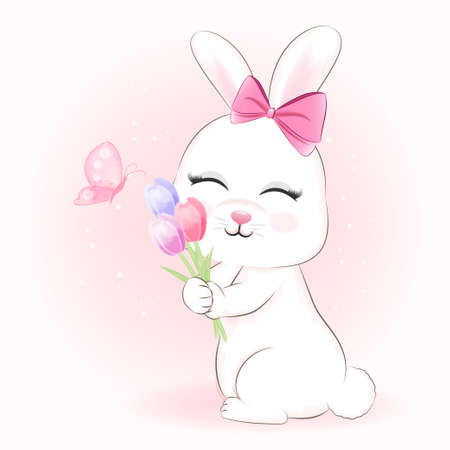Cute Bunny and tulip flowers in flower pot with butterfly cartoon animal illustrationのイラスト素材