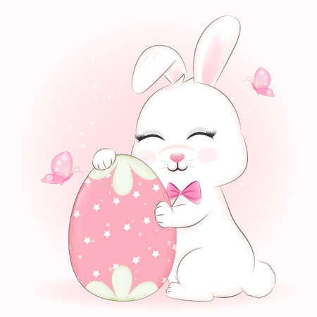 Cute Bunny and tulip flowers in flower pot with butterfly cartoon animal illustrationのイラスト素材