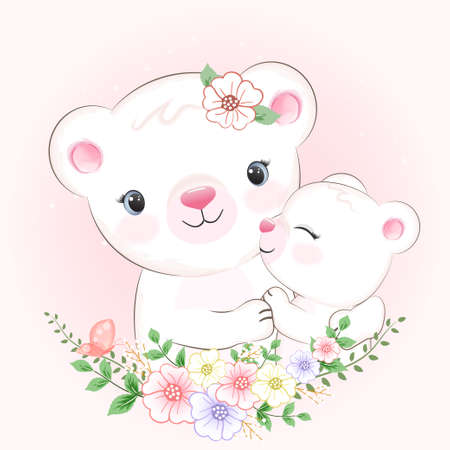 Cute Little rabbit and mom drawn cartoon animal watercolor illustrationのイラスト素材