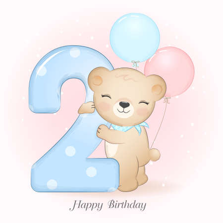 Cute little Bear birthday party with number, greeting card illustrationのイラスト素材