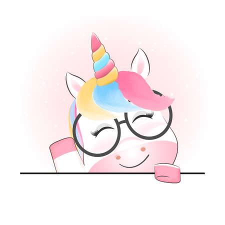 Cute Unicorn cartoon watercolor illustrationのイラスト素材