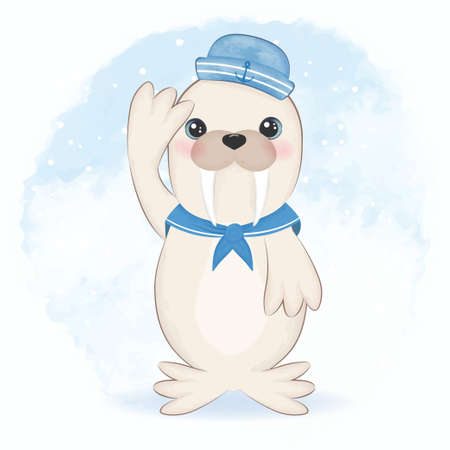 Cute walrus sailor cartoon arctic animal watercolor illustrationのイラスト素材