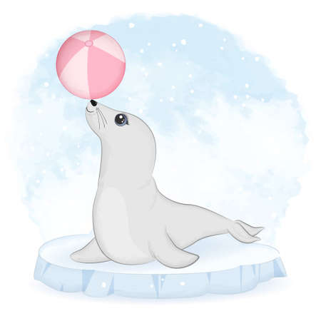 Cute baby seal and ball on ice floe cartoon animal watercolor illustrationのイラスト素材