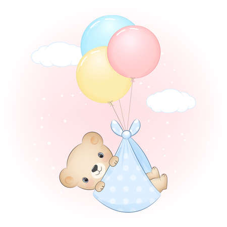 Cute baby bear with balloon newborn cartoon illustrationのイラスト素材