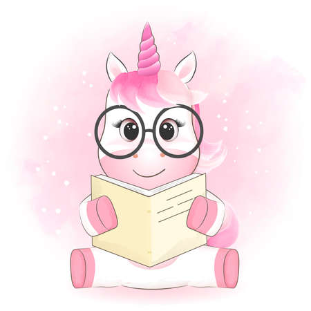 Cute little unicorn reading a book hand drawn illustrationのイラスト素材