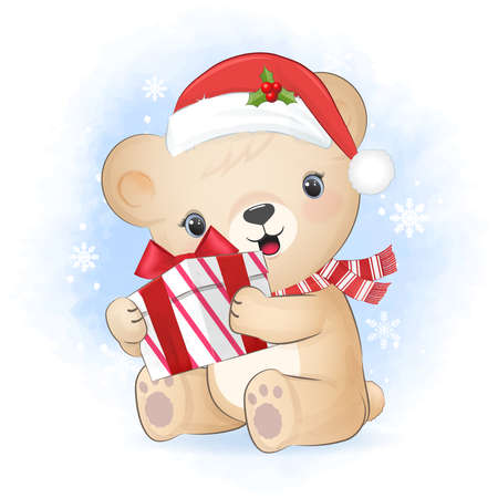 Cute little bear with gift box in winter and Christmas illustration.のイラスト素材