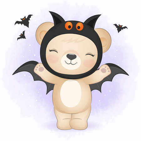 Cute little Bear wearing halloween costume and holding broom. Halloween illustrationのイラスト素材