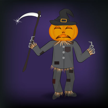 Scarecrow holding scythe in Halloween night cartoon illustrationのイラスト素材