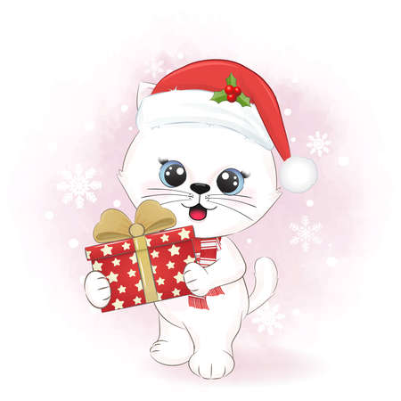 Cute cat with gift box in winter and Christmas illustration.のイラスト素材