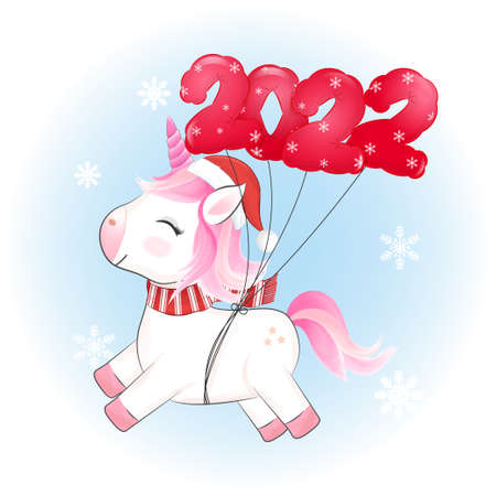 Cute little unicorn and red balloon 2022 Christmas illustration.のイラスト素材