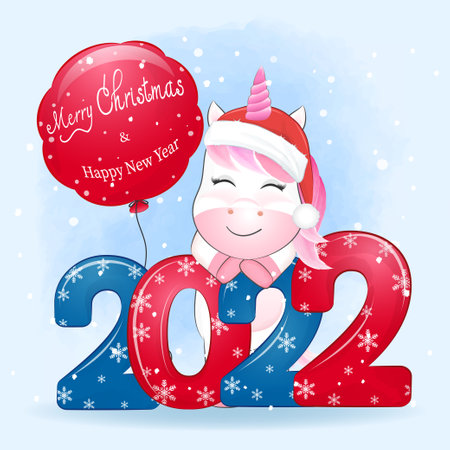 Cute little unicorn and red balloon 2022 Christmas illustration.のイラスト素材