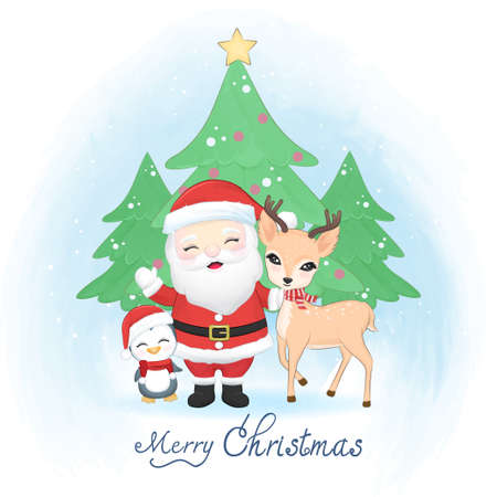 Cute santa claus, penguin and deer in winter, Merry Christmas illustration.のイラスト素材