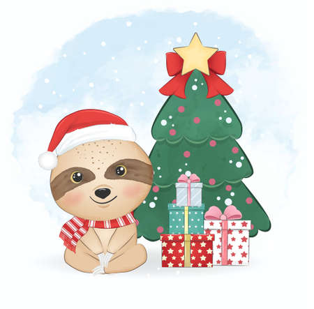 Cute little Sloth and Christmas tree. Christmas season illustration.のイラスト素材