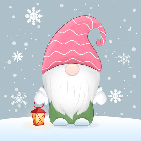Cute gnome holding lantern Christmas  illustrationのイラスト素材