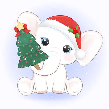 Cute elephant and Christmas tree. Christmas season illustration.のイラスト素材