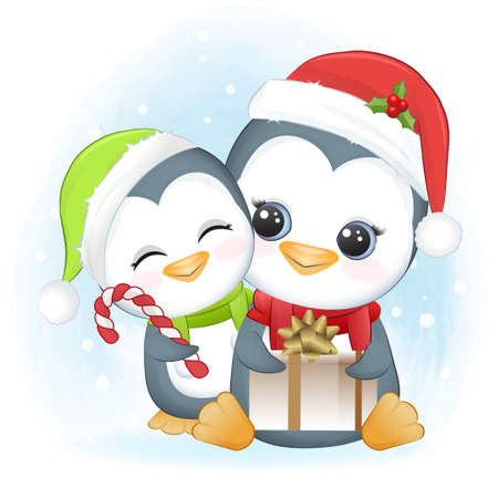 Cute penguins and gift box. Christmas season illustration.のイラスト素材