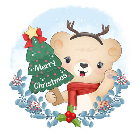 Cute little bear with Christmas tree and wreath. Christmas season illustration.のイラスト素材