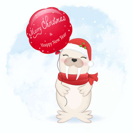 Cute walrus and red balloon cartoon arctic animal Christmas illustrationのイラスト素材