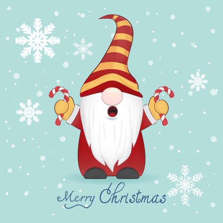 Cute gnome holding candy cane Christmas illustrationのイラスト素材
