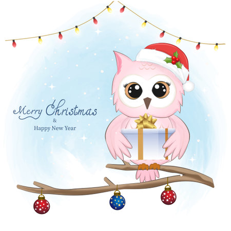 Cute owl and gift box, winter and Christmas season illustration.のイラスト素材