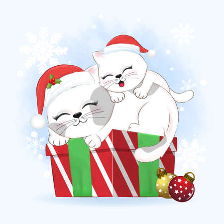 Cute cat sleeping on the gift box Christmas season illustrationのイラスト素材
