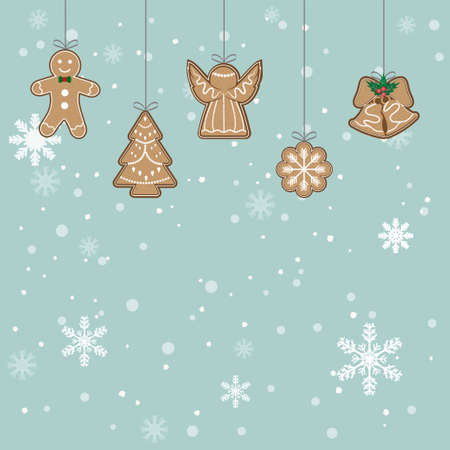 Gingerbread Christmas Cookies with snowflake and snow backgroundのイラスト素材