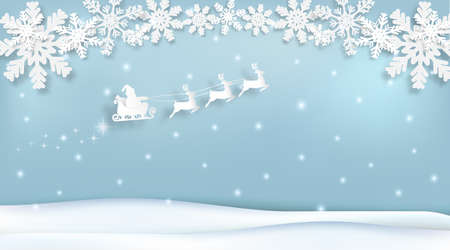 Santa with sleigh and Snowflake Christmas season Paper art, Paper cut style illustrationのイラスト素材