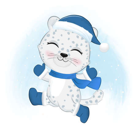 Cute snow leopard. Christmas season illustrationのイラスト素材
