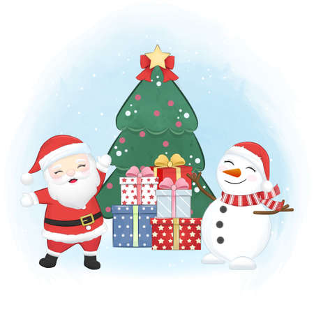 Cute Santa claus and snowman in Christmas season illustrationのイラスト素材