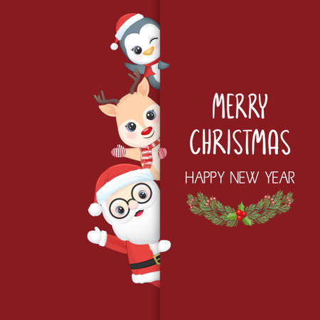 Cute Santa and animals. Christmas and New Year illustrationのイラスト素材
