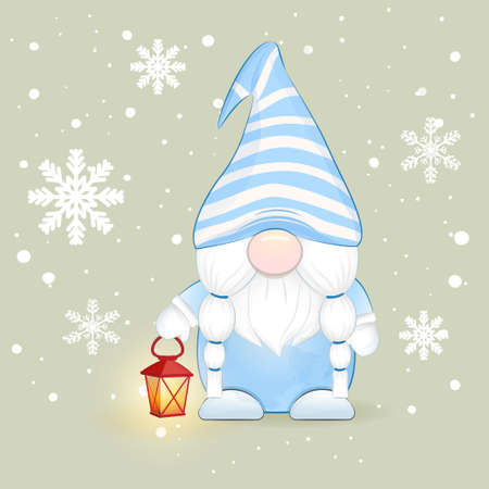 Cute gnome holding lantern Christmas illustrationのイラスト素材