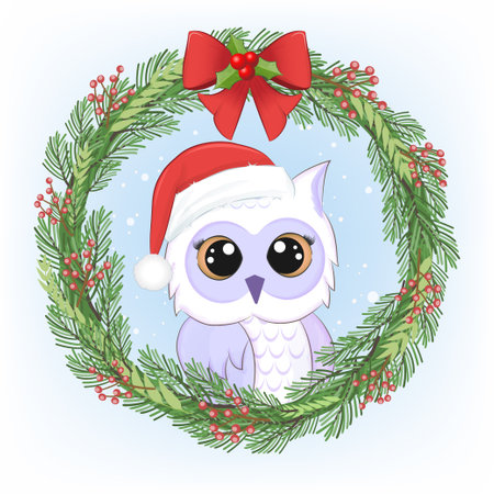 Cute owl and Christmas wreath Christmas and New Year illustrationのイラスト素材