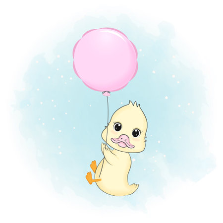 Cute Little Duck and balloon cartoon illustrationのイラスト素材