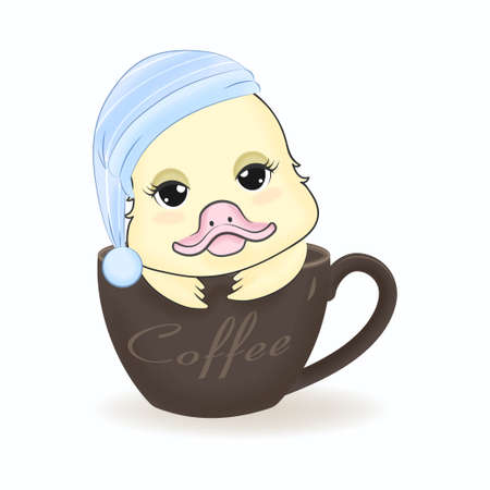 Cute Little Duck in coffee cup cartoon illustrationのイラスト素材