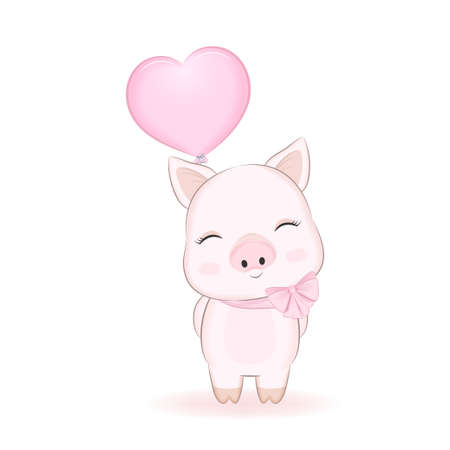 Cute Little Pig and Heart balloon, cartoon illustrationのイラスト素材