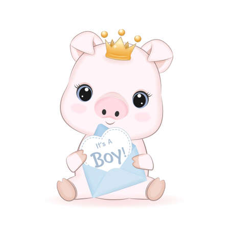 Cute Little Pig and Heart in Letter, cartoon illustrationのイラスト素材