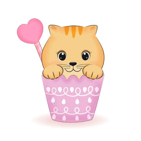 Cute little Orange Cat in cup of cupcake animal cartoon illustrationのイラスト素材
