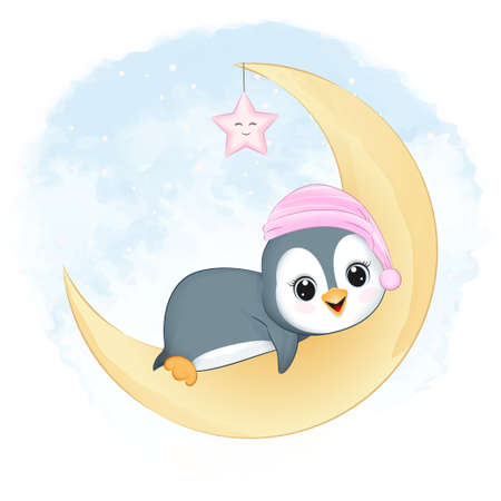 Cute little Penguin on the moon, animal cartoon illustrationのイラスト素材
